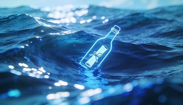 Glowing neon bottle floating on ocean waves casting cyan reflections with rolled parchment
