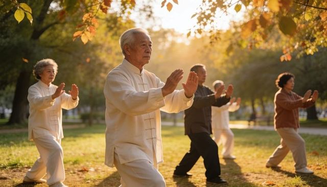 Elderly group practicing tai chi at sunrise in park with autumn leaves for senior fitness