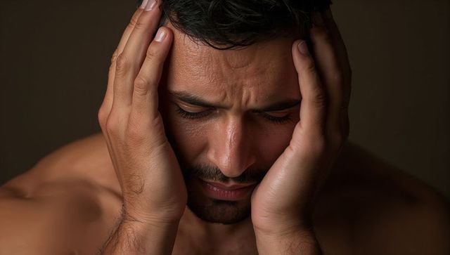 Bare-chested middle eastern man clutching head, holding temples, dramatic low-key portrait