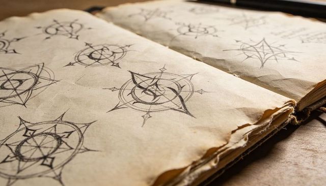 Vintage sketchbook with compass rose and star motif pencil drawings on aged parchment pages