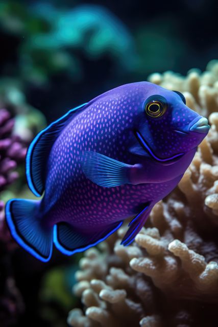 Beautiful image of a vibrant regal tang in an underwater coral reef. The rich blue colors of the fish contrast with the colorful corals, making it perfect for aquarium enthusiasts, wildlife magazines, marine biology presentations, or promoting sustainable ocean tourism.