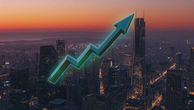 Neon green arrow over cityscape at dusk symbolizing growth