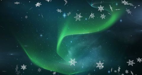 Winter Wonderland with Aurora and Falling Snowflakes