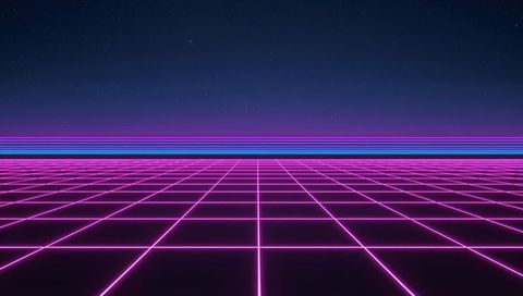 Glowing neon grid receding to horizon with magenta tiles and cyan light bands