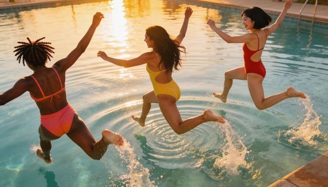 Sunset splash trio jumping into pool in colorful one-piece swimsuits for summer fun