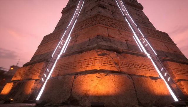 Glowing ancient obelisk base with led lightbars under pink dusk sky