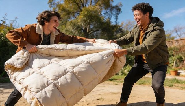 Playful friends tugging cozy beige quilt in sunny backyard garden laughing together