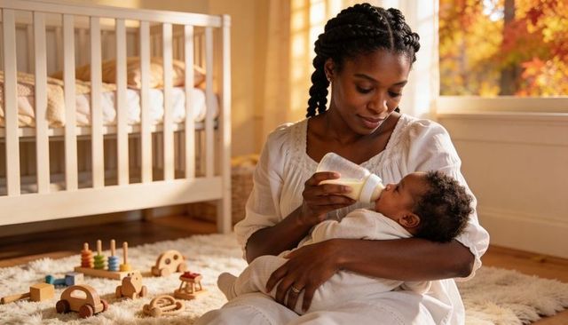Mother bottle-feeding baby in sunlit nursery, cozy autumn bonding and family warmth