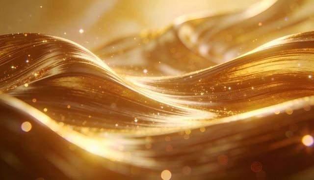 Flowing golden ribbons with shimmering metallic highlights and bokeh sparkles, macro close-up