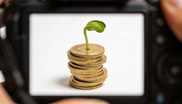 Gold coin stack sprouting green seedling symbolizing sustainable finance investment growth