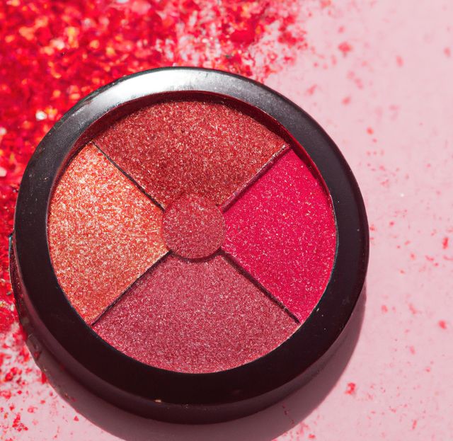 This close-up presents a shimmer eyeshadow palette featuring vibrant red, pink, and orange hues with a glittery burst, well-suited for beauty and cosmetic advertising, social media promotion, or fashion editorials. Highlight product features or design makeup tutorials by incorporating this visual element.