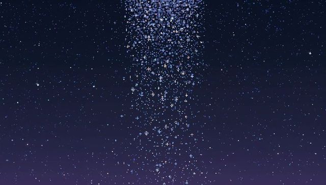 Shimmering vertical cascade of pixelated star sparks falling through night sky