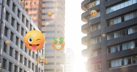 Emojis Traveling Through Urban Skyline in Modern City
