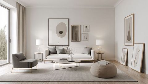 Serene minimalist living room featuring cream sofa, natural light and neutral decor