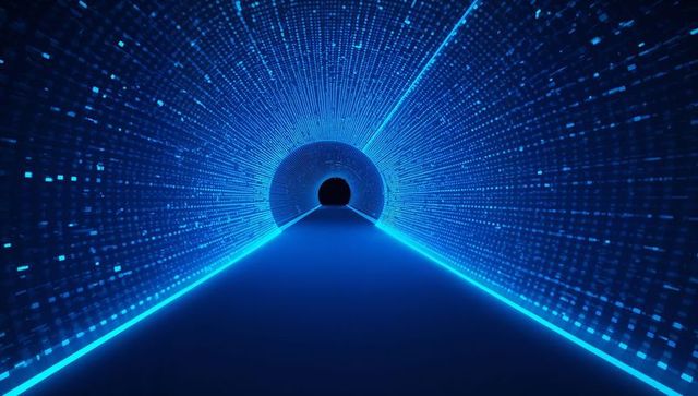 Neon blue digital tunnel leading to dark portal, futuristic data corridor with vanishing point