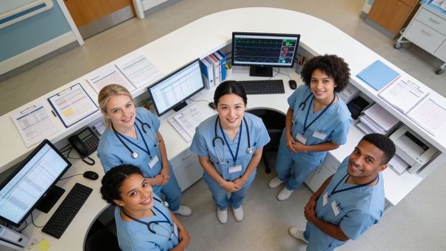 Diverse nursing team in light blue scrubs collaborating at busy hospital nurse station