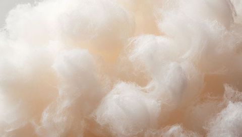 Fluffy white fibrous tufts close-up macro texture for soft beige airy cotton backgrounds