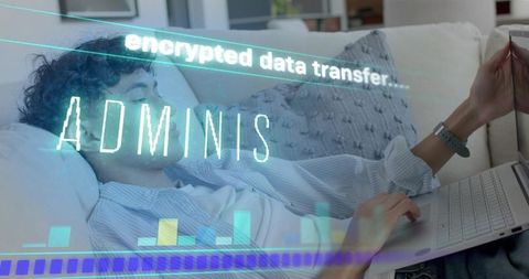Remote work with encrypted data transfer hologram person using laptop and smartphone on sofa