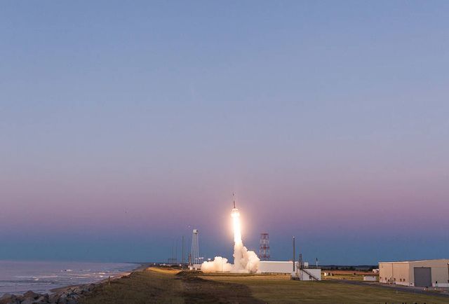 Spectacular scene captures NASA's SubTec-7 taking off in early morning light from Wallops Flight Facility. Perfect for use in aerospace articles, technology presentations, educational materials, or illustrating the capabilities and advances in modern space exploration.
