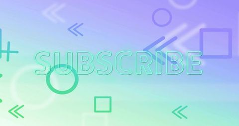 Outlined subscribe text glowing on mint to lavender gradient with neon shapes and cta