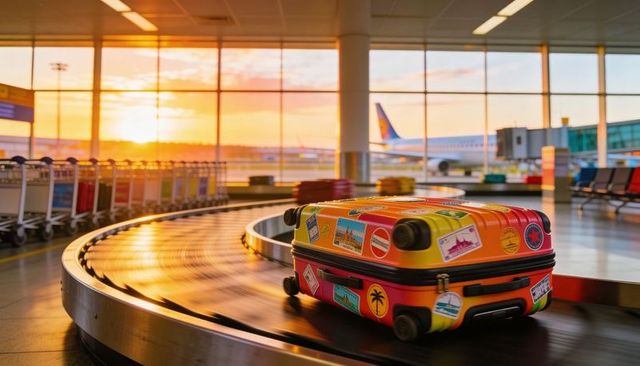Colorful sticker-covered suitcase rolling on airport baggage carousel during golden hour