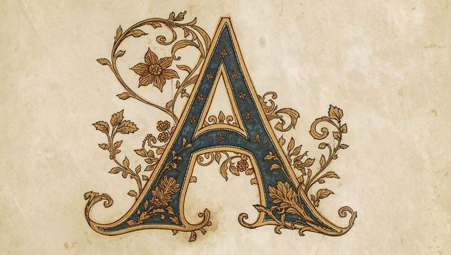 Ornamental letter a with floral motifs and gold filigree