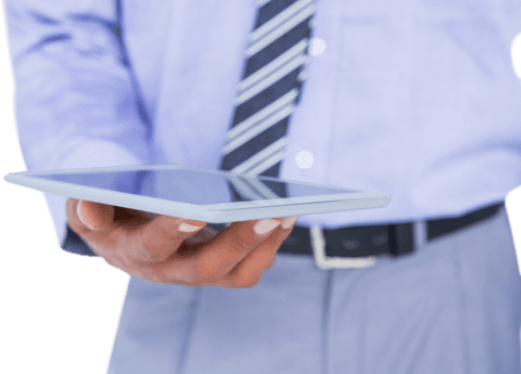 Transparent hand holding tablet close-up of business professional