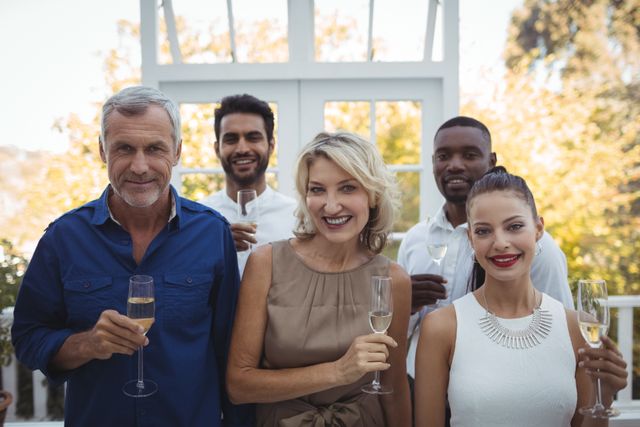 Group of friends enjoying a celebration outdoors, holding champagne glasses and smiling. Perfect for use in advertisements, social media posts, and articles related to celebrations, social gatherings, and lifestyle events.
