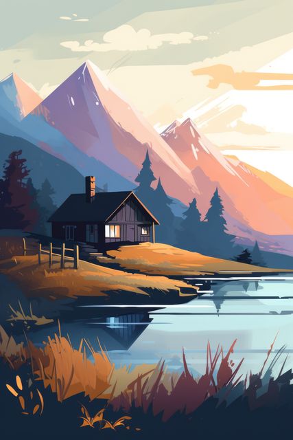 Illustration depicting a cozy wooden cabin situated by a tranquil lake with mountains in the background. Sunrise light adds warmth to the scene with autumn-colored foliage enhancing the beauty. Ideal for nature blogs, travel websites, or illustration projects related to adventure, tranquility, and retreat.