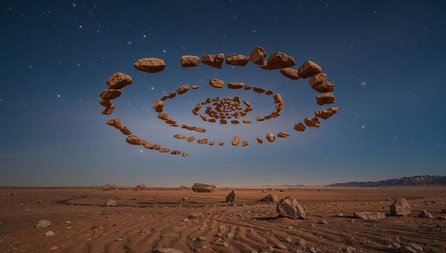 Levitating rock spiral forming glowing vortex over desert under starry night sky, casting shadows