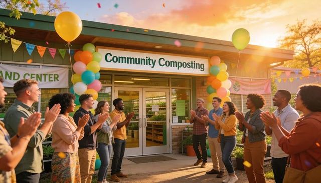 Community composting grand opening celebrating volunteers, garden, sustainable living