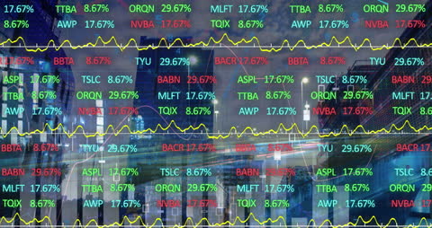 Financial Data Animation Overlay on Modern Cityscape