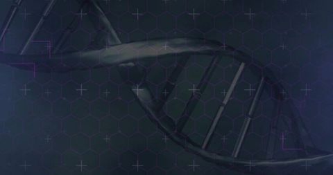 Translucent DNA double helix over hexagonal tech interface with neon magenta accents
