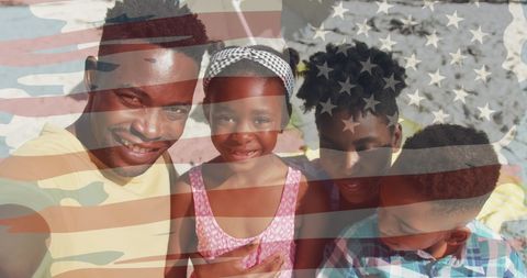 Family Beach Selfie with American Flag Overlay