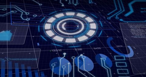 Futuristic HUD with Pulsing Central Ring, Neon Holographic Data Panels and Circuit Traces