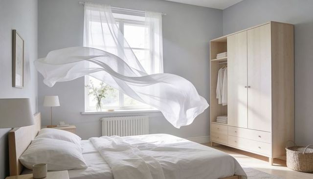 Sunlit Scandinavian Bedroom with Billowing Sheer Curtain Floating Above Minimal Bed