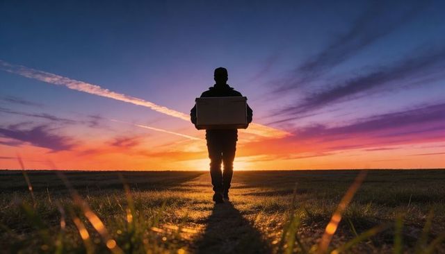 Silhouette lone traveler carrying box walking toward dramatic sunset across open field
