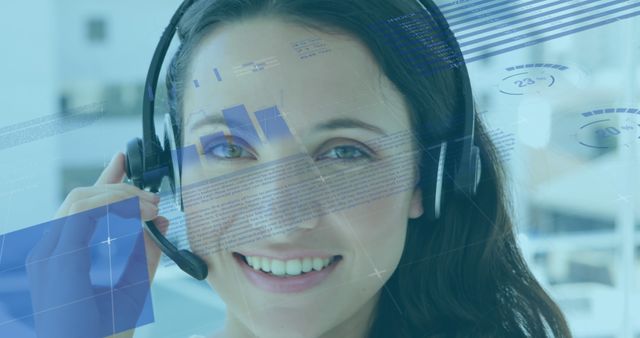 Smiling Customer Service Representative with Futuristic Digital Overlay - Download Free Stock Images Pikwizard.com