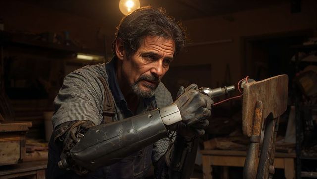 Artisanal Crafting with Prosthetic Arm in Rustic Workshop
