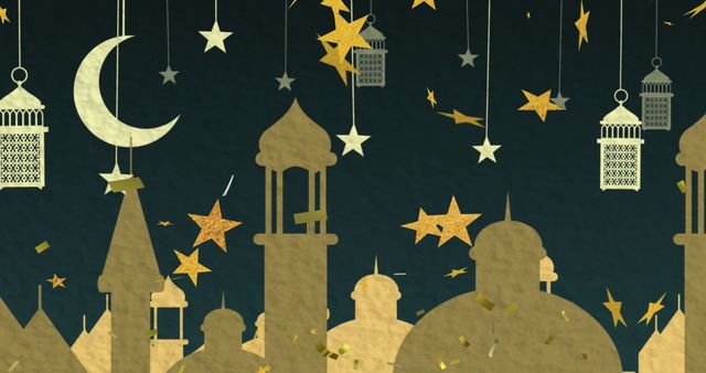 Golden Stars and Lanterns Above Mosque Silhouettes for Ramadan - Download Free Stock Images Pikwizard.com