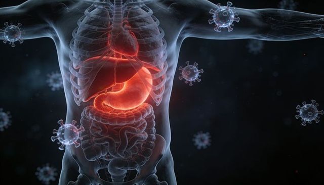 Visualizing inflamed stomach and intestines in translucent torso with viral particles