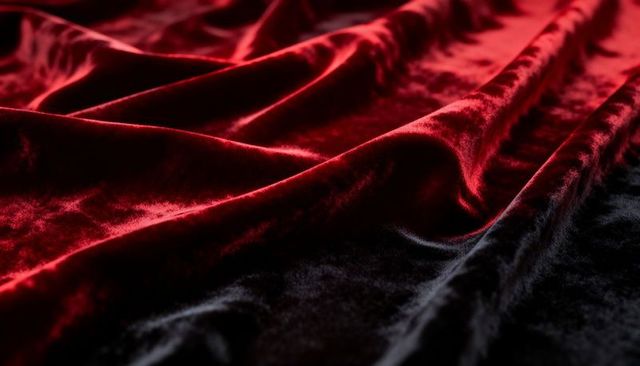 Luxurious crimson and ebony velvet fabric draping with glossy highlights and deep folds