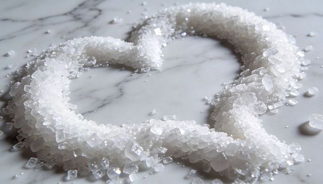 Coarse salt crystals forming heart on veined marble tabletop