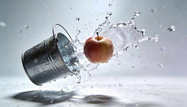Tipped metal bucket splashing water with floating red-yellow apple for product ad