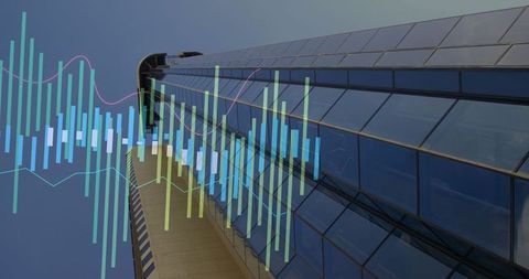 Modern Skyscraper with Overlay of Financial Charts