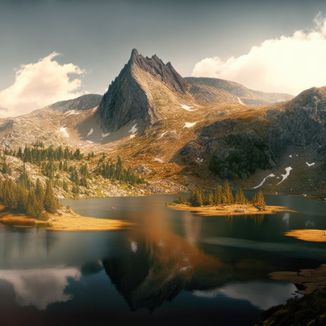 This picturesque landscape captures a tranquil mountain lake surrounded by autumn foliage and snowcapped peaks. The reflection of the mountains in the water adds to the serene and idyllic atmosphere. Perfect for nature enthusiasts, adventurers, and those seeking inspiration from the wilderness. Ideal for use in travel brochures, websites, and nature magazines.