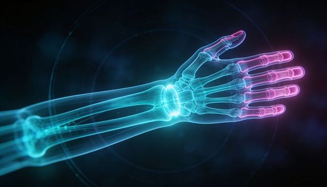 Holographic forearm and hand skeleton with neon wrist glow for medical and tech visuals