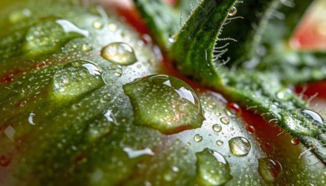 Macro dew on green-red tomato skin with reflective water droplets and calyx hairs