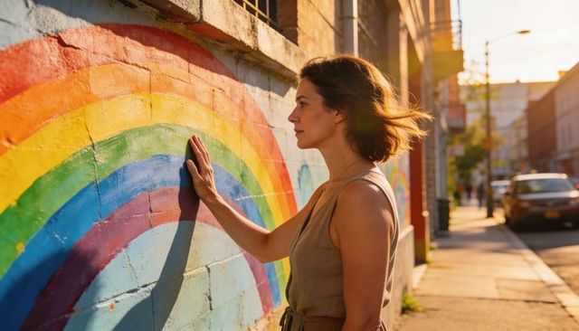 Woman wearing sleeveless tan dress touching rainbow mural on urban brick wall at sunset
