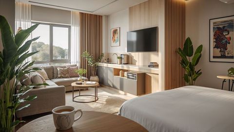 Modern studio room with low-profile bed, lounge sofa, wood accents and greenery